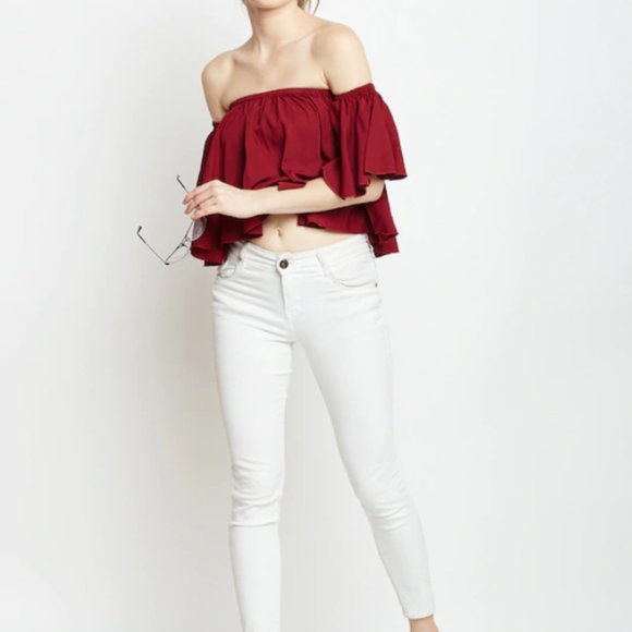 Women Maroon Solid Bardot Top - Picture 3 of 5